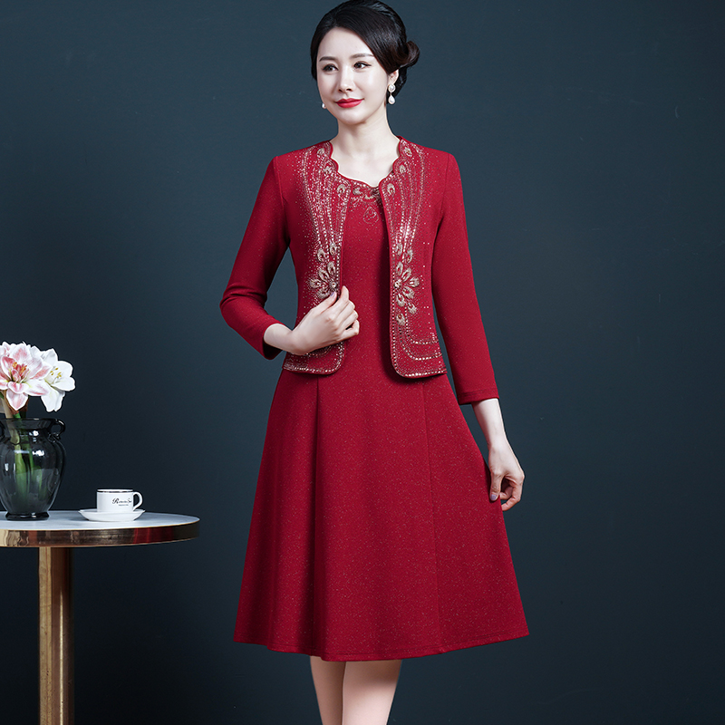 高贵大气两件套连衣裙长袖喜婆婆喜妈妈婚宴礼服春秋婚庆装中长款