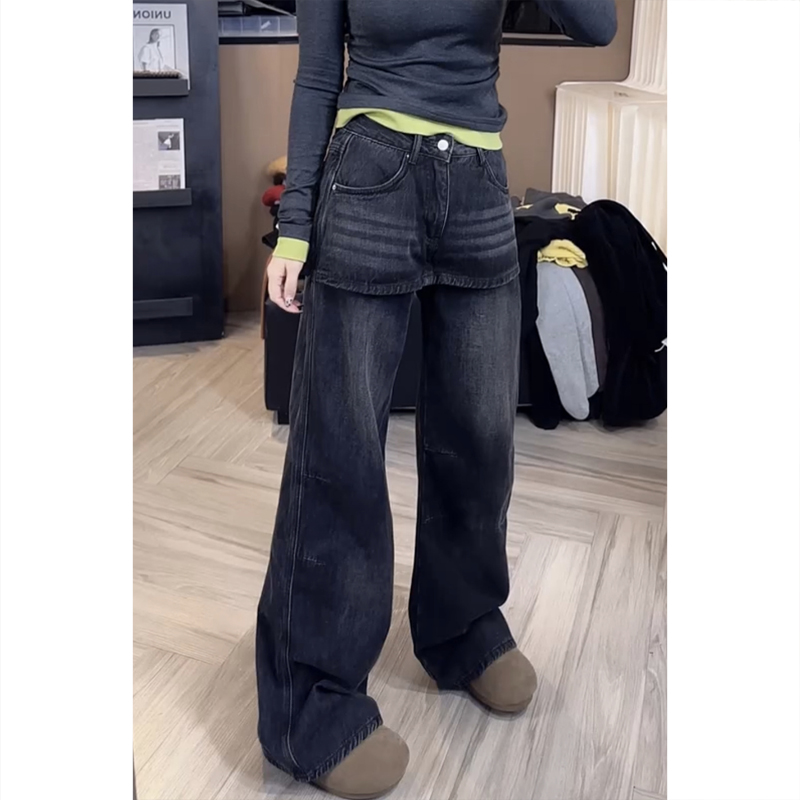 艾塔莉假两件显瘦阔腿牛仔裤子女秋冬新款胖mm大码拖地小个子薄绒