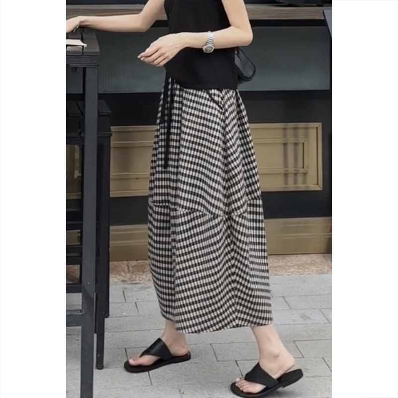 艾塔莉格子半身裙休闲裙子女夏季新款胖mm大码a字中长裙不规则裙