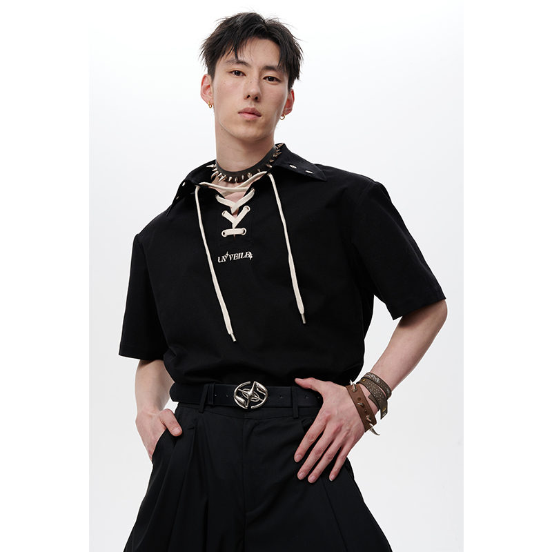 蜕幕 | 立领穿绳垫肩短袖刺绣设计感polo衫高级上衣