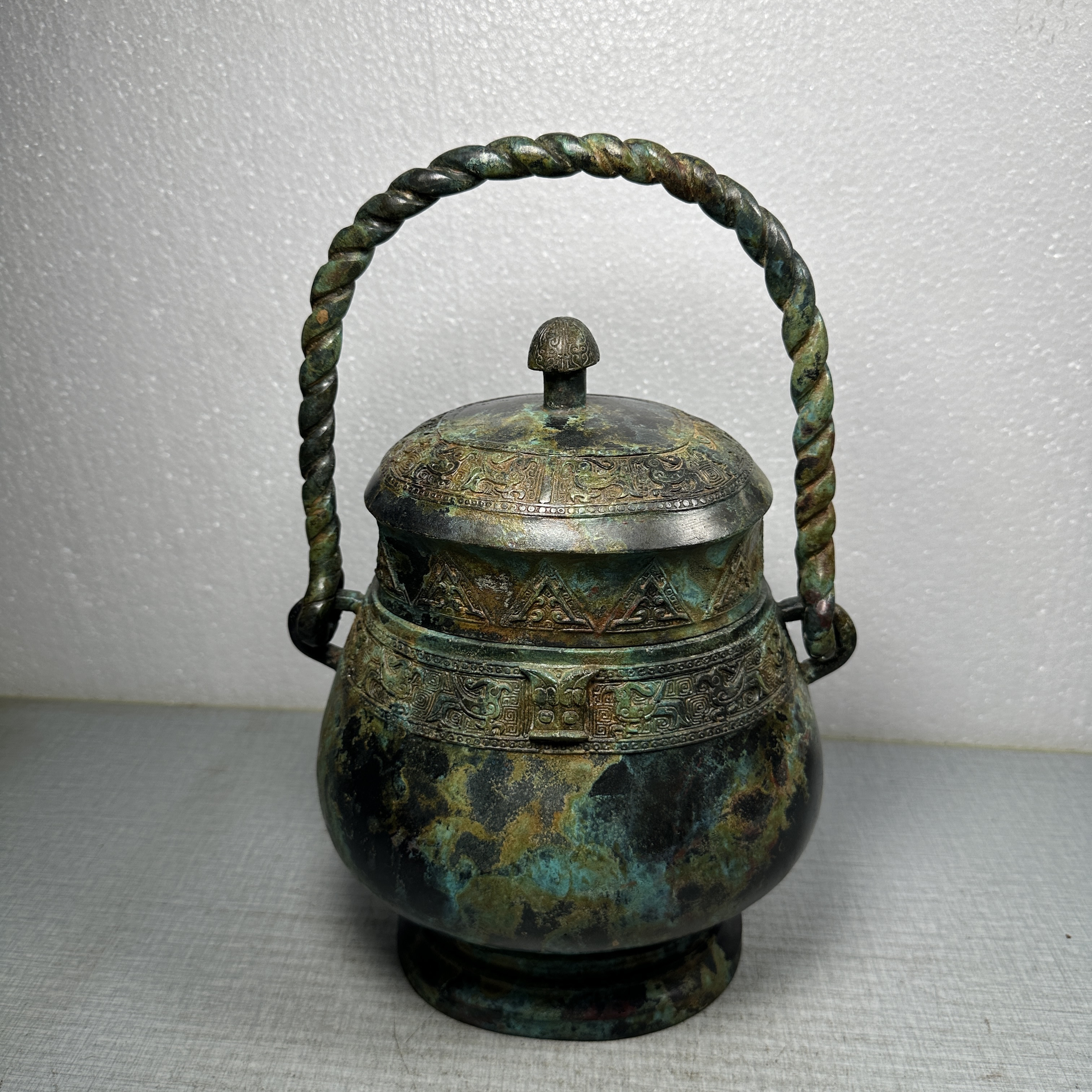 仿古青铜器凤纹麻花提梁卣酒器纯铜高32厘米长23厘米宽14厘米7斤