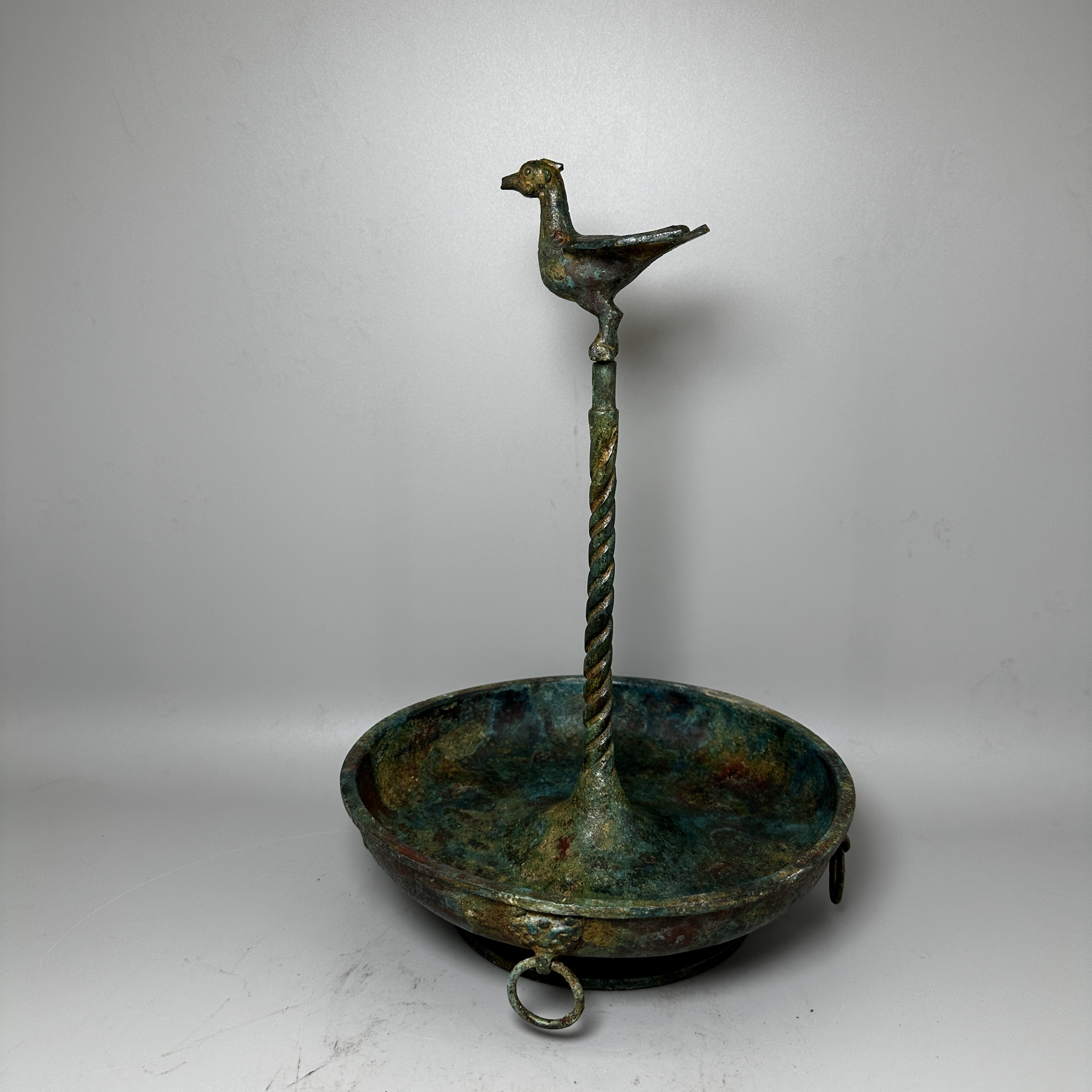 仿古战国青铜器立鸟铜灯盘纯铜高29厘米灯盘直径21厘米重3斤左右