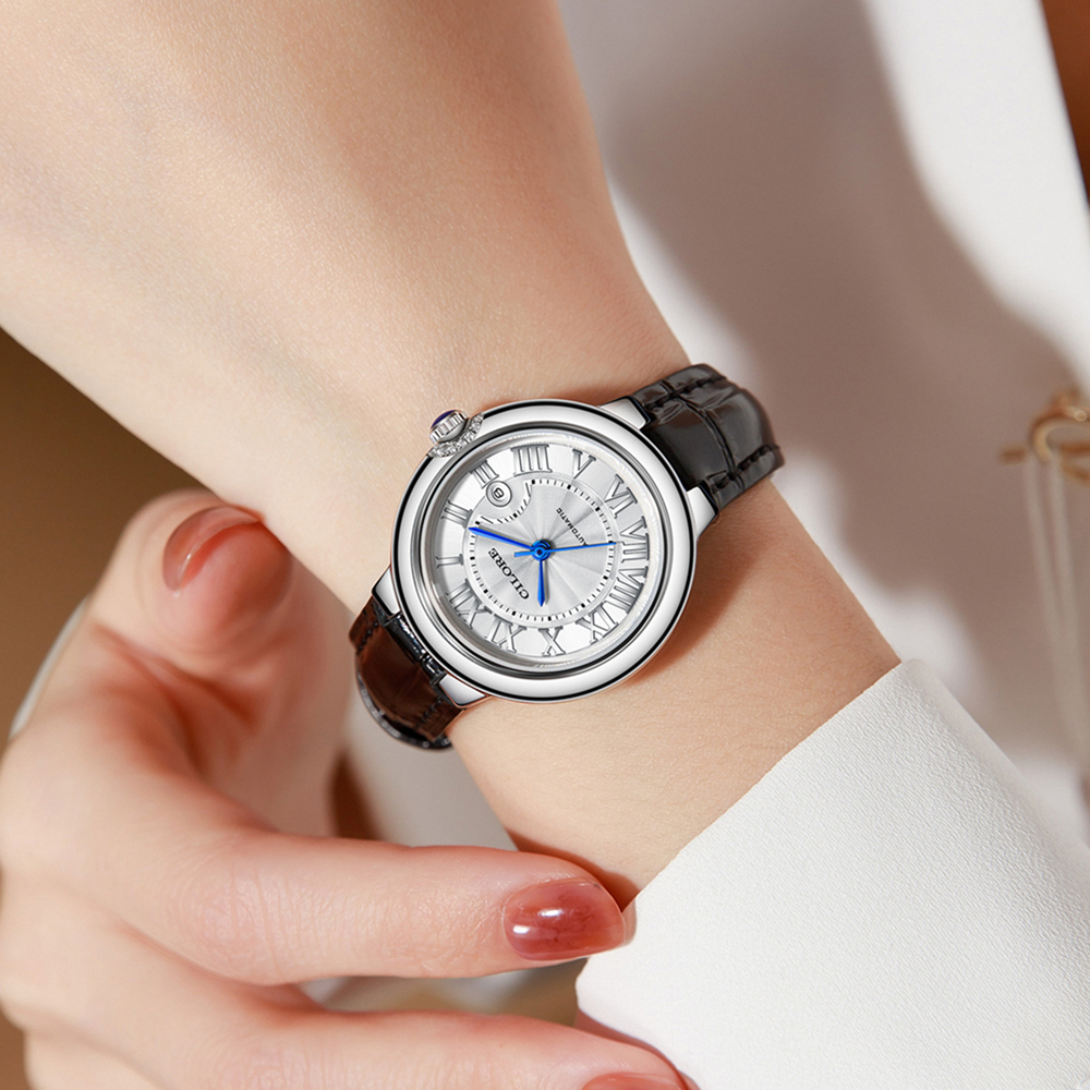 气球系列 女士全自动机械腕表百搭日历款蝴蝶扣真皮表带（小红）