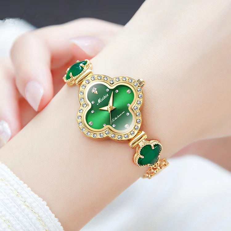 女款四叶幸福花气质手工镶嵌玉石款腕表珠宝扣手链表金色（董董）