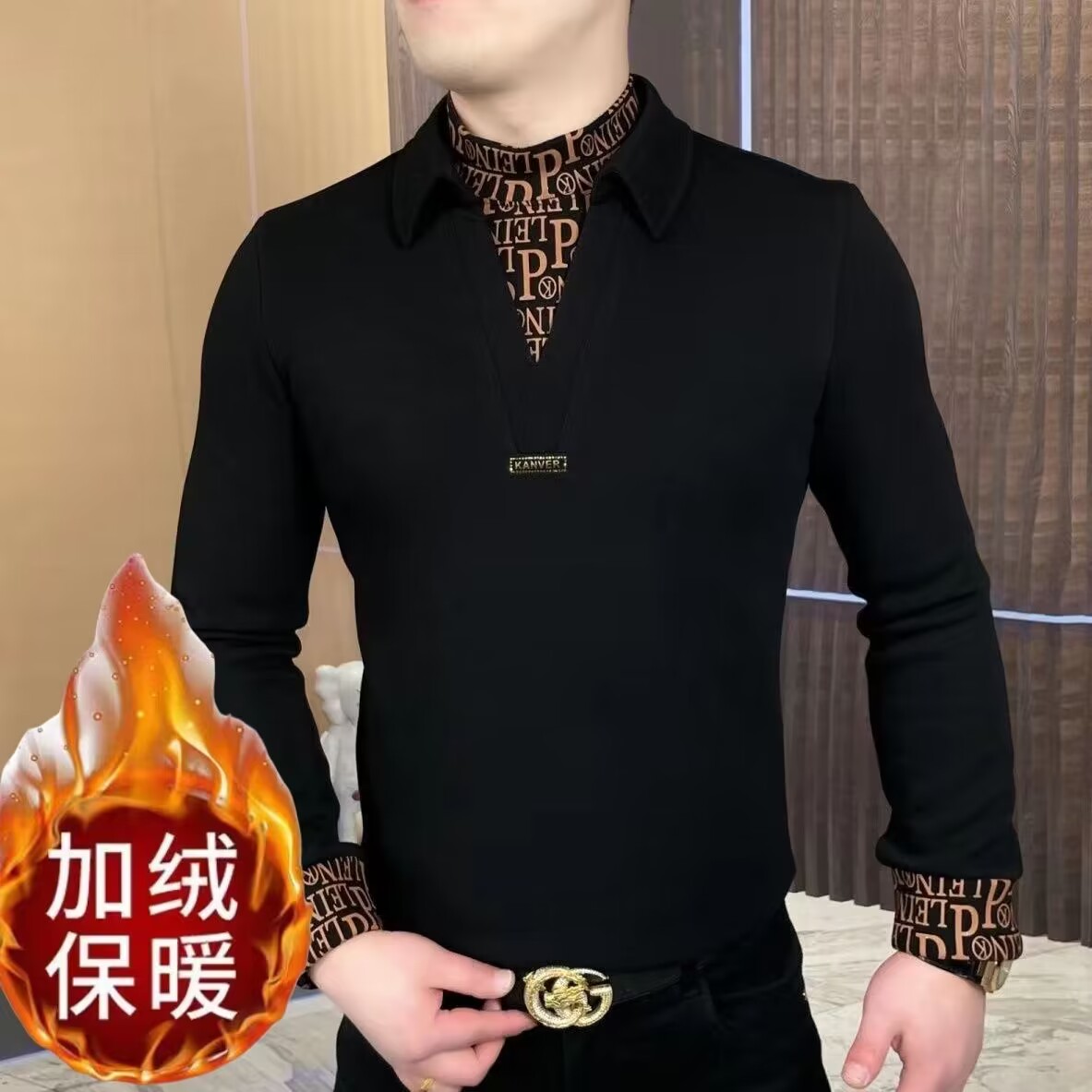 冬季加绒男士假两件翻领中领合体卫衣休闲潮流修身保暖男装长袖