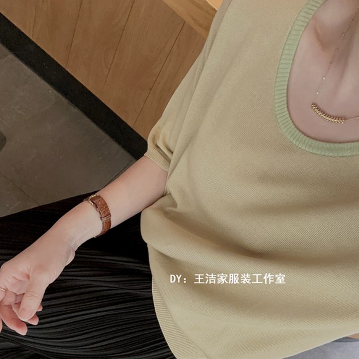 《夏日恋曲》王洁家自制甜美撞色时髦宽松百搭显瘦天丝针织衫夏季