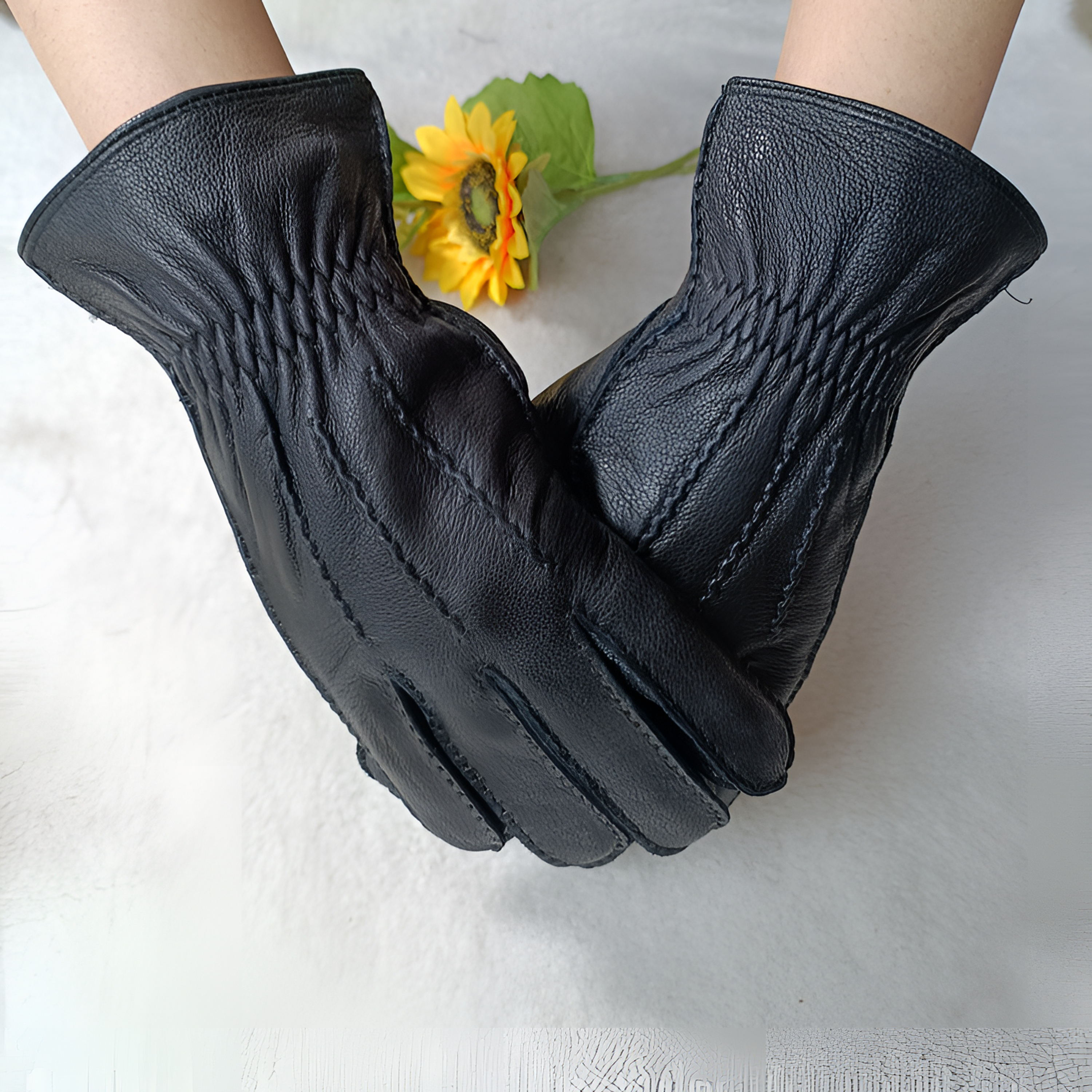 仿鹿皮手缝男士三道杠加绒保暖真皮手套