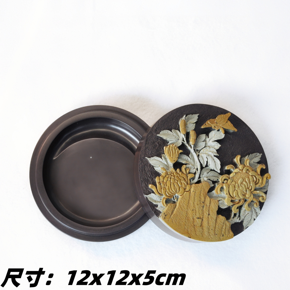 非物质文化遗产中国彩砚苴却砚手工雕刻精品老坑黄膘金菊盖砚实用