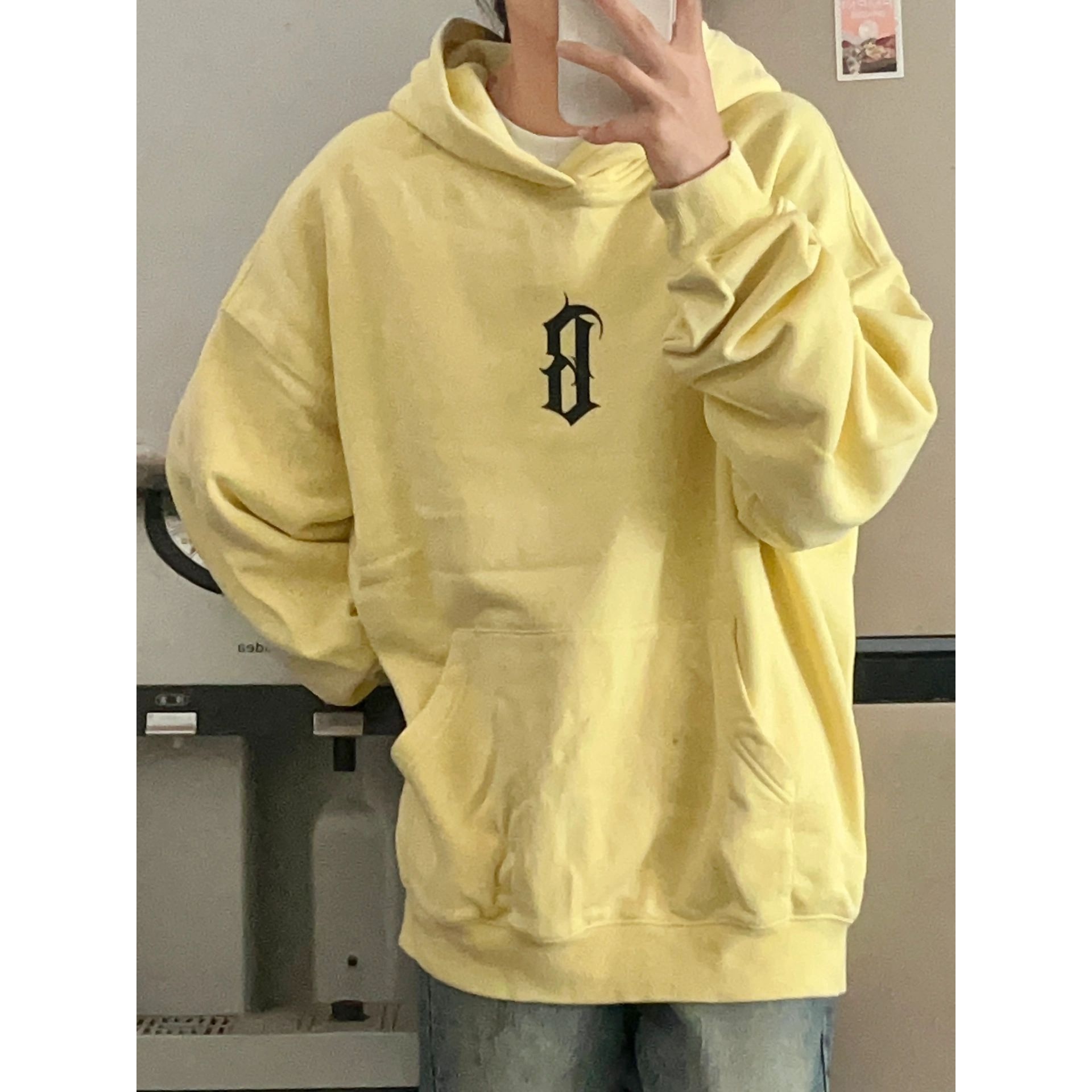 美式复古chic加绒加厚黄色ins卫衣连慵懒风卫衣春秋长袖休闲百搭