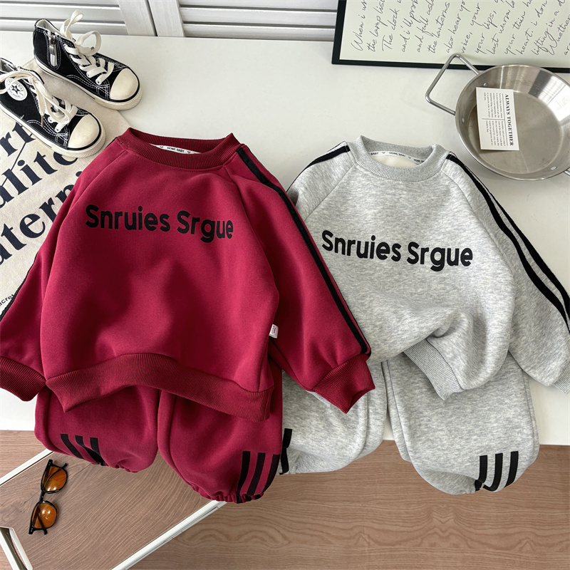 儿童一体绒卫衣卫裤套装秋冬新款韩版男女童加绒中小童宝宝两件套