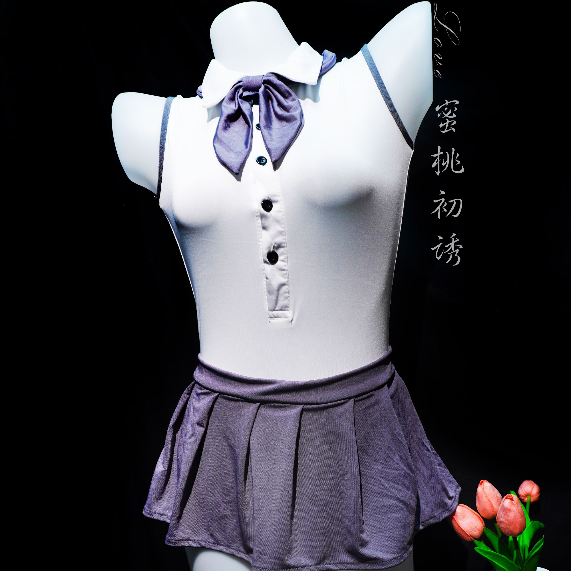 CYMM1491女款白色性感女士夏季修身无袖睡裙两件套复古弹力立领