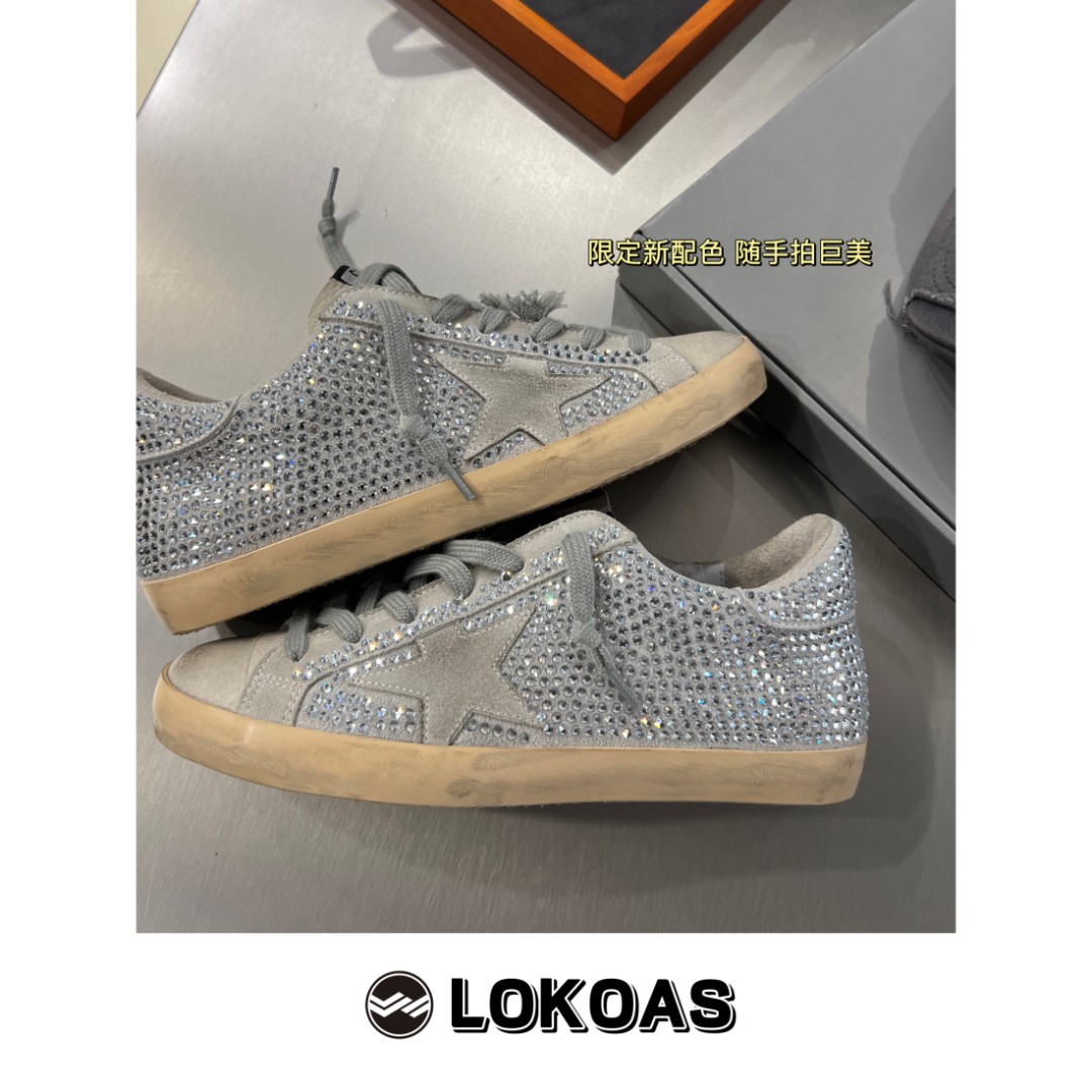 新品 限定全水钻复古做内增高小脏鞋旧运动休闲星星板鞋手工鞋