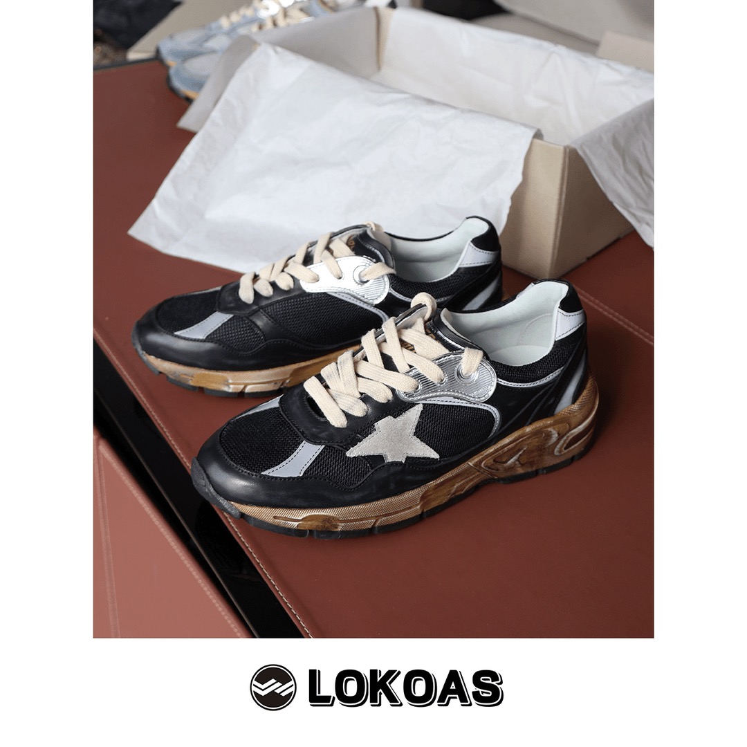 新品 手工复古做旧厚底黑色老爹鞋星星小脏鞋运动休闲鞋情侣鞋