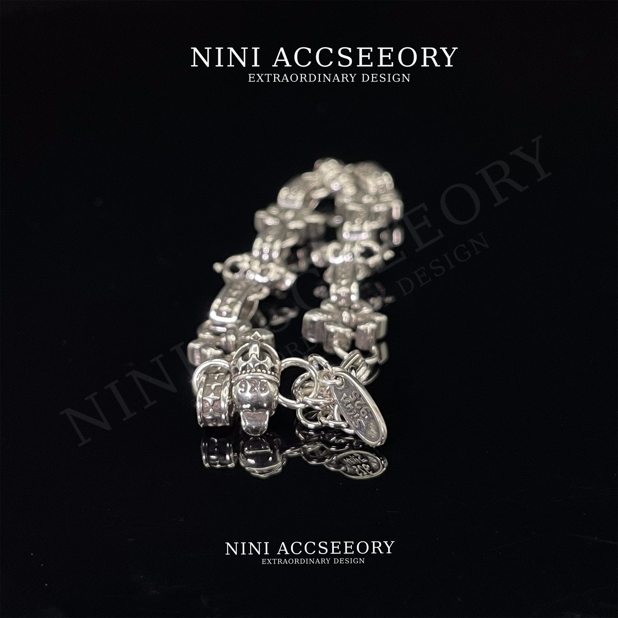 『皇冠鸾尾花』美式单车链条骷颅复古做旧小众设计时尚潮奢精致手链