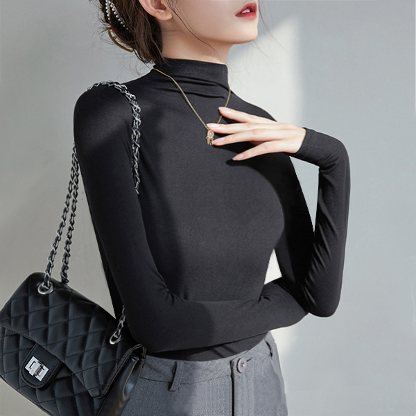 黑色半高领打底衫女秋冬薄款修身显瘦时尚百搭莫代尔长袖T恤上衣