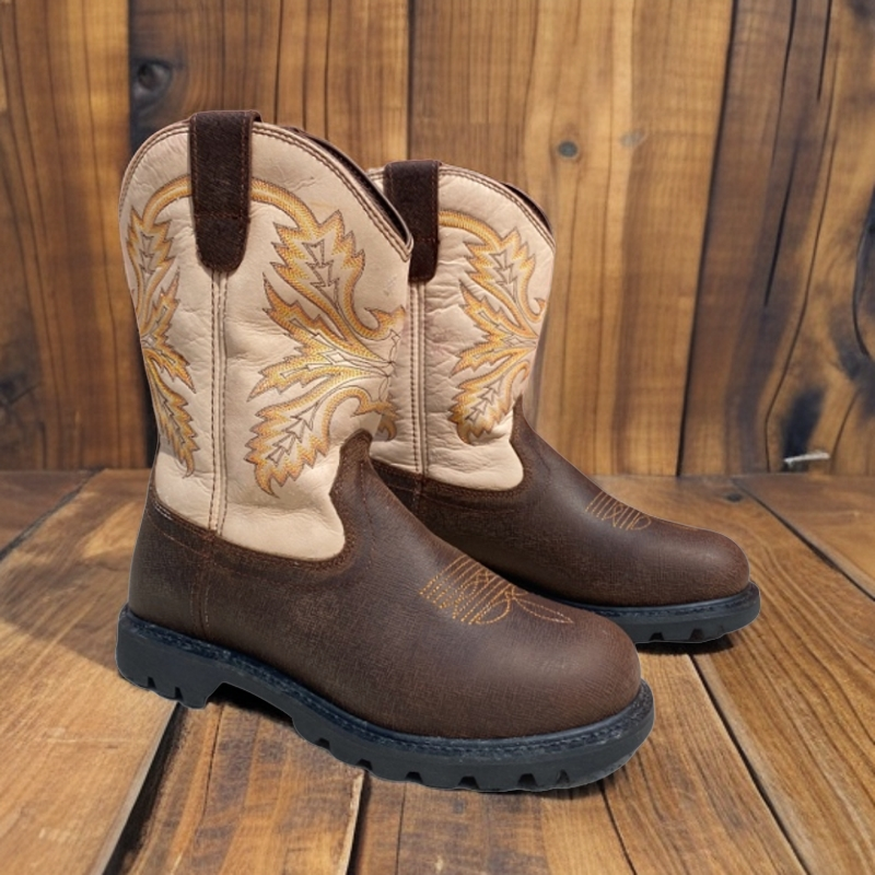 男士复古牛仔靴刺绣西部靴马靴真皮圆头