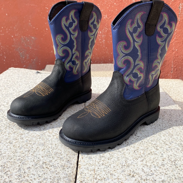 男款圆头藏蓝色刺绣牛仔靴马靴西部牛仔靴蒙古靴民族风机车靴户外