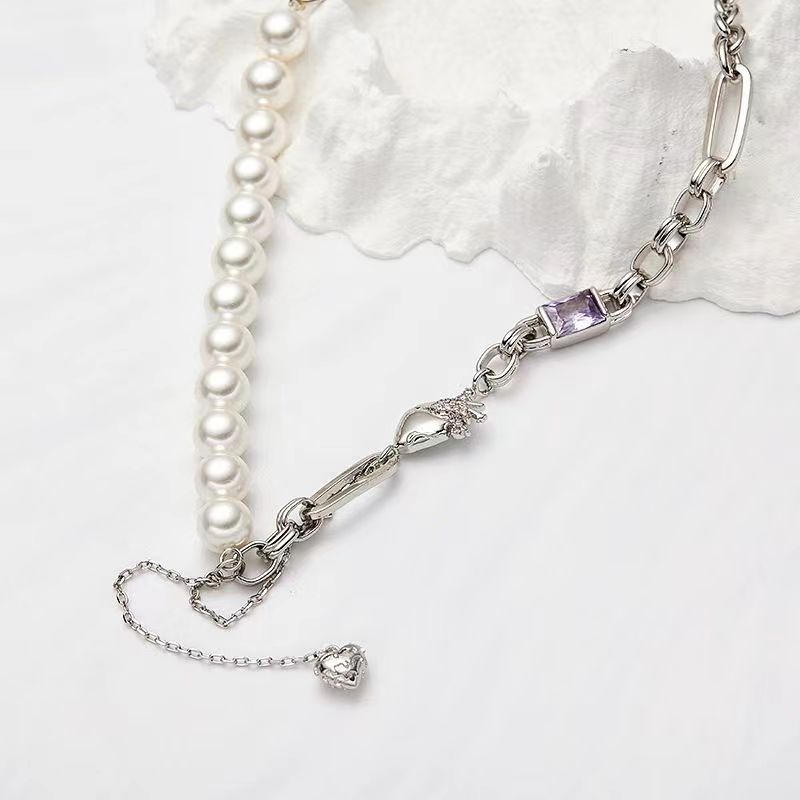 合金项链 拼接珠珠项链小众高级轻奢气质百搭锁骨链简约时尚