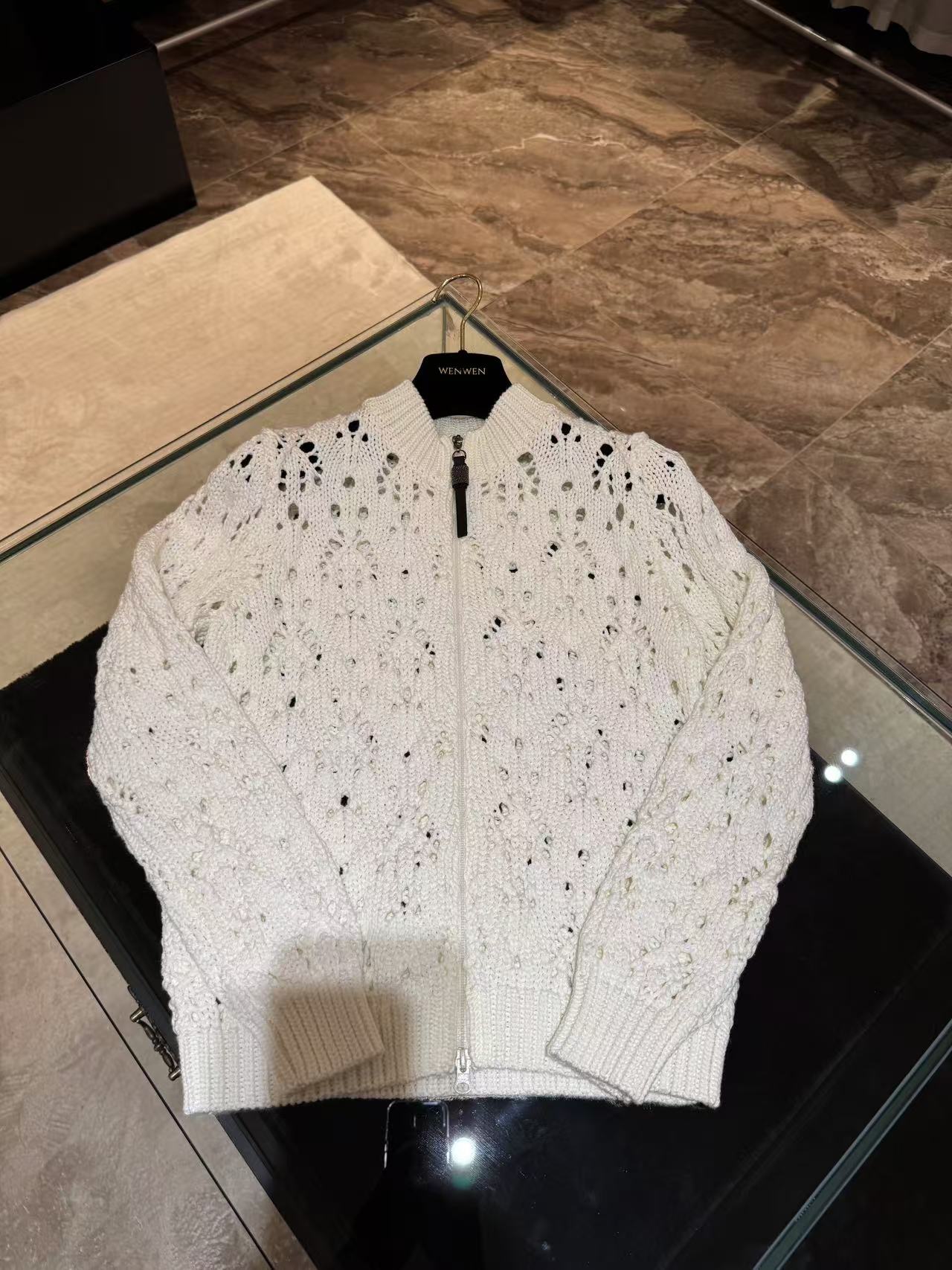 WW2024早秋新款拉链镂空长袖宽松休闲羊毛针织开衫百搭外套女