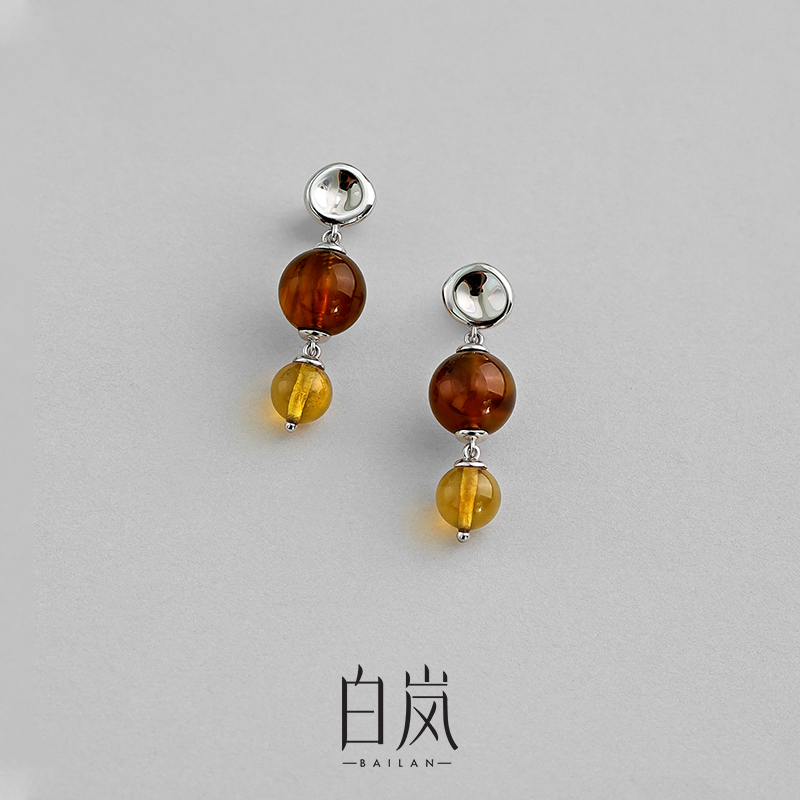 白岚双珀耳钉【直播专属】女琥珀气质耳饰法式复古小众ED4347
