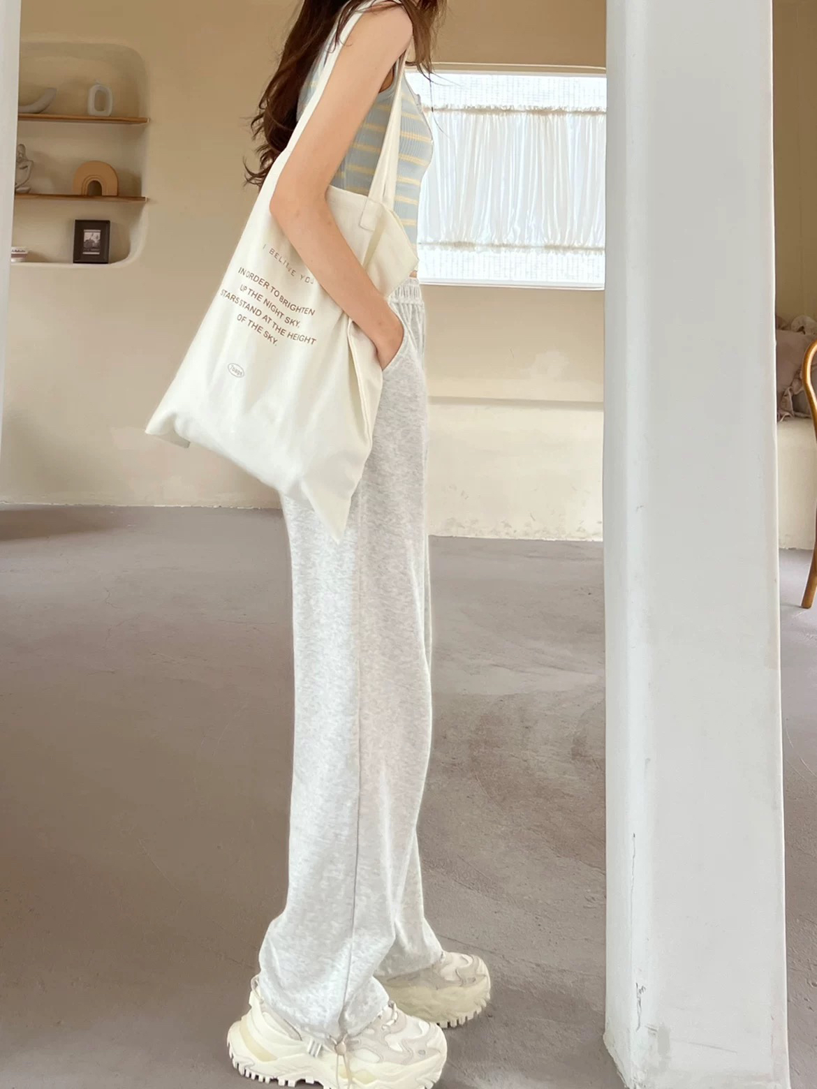 ORfish自制加绒燕麦浅灰舒适直筒阔腿抽绳收脚两穿高腰运动休闲裤