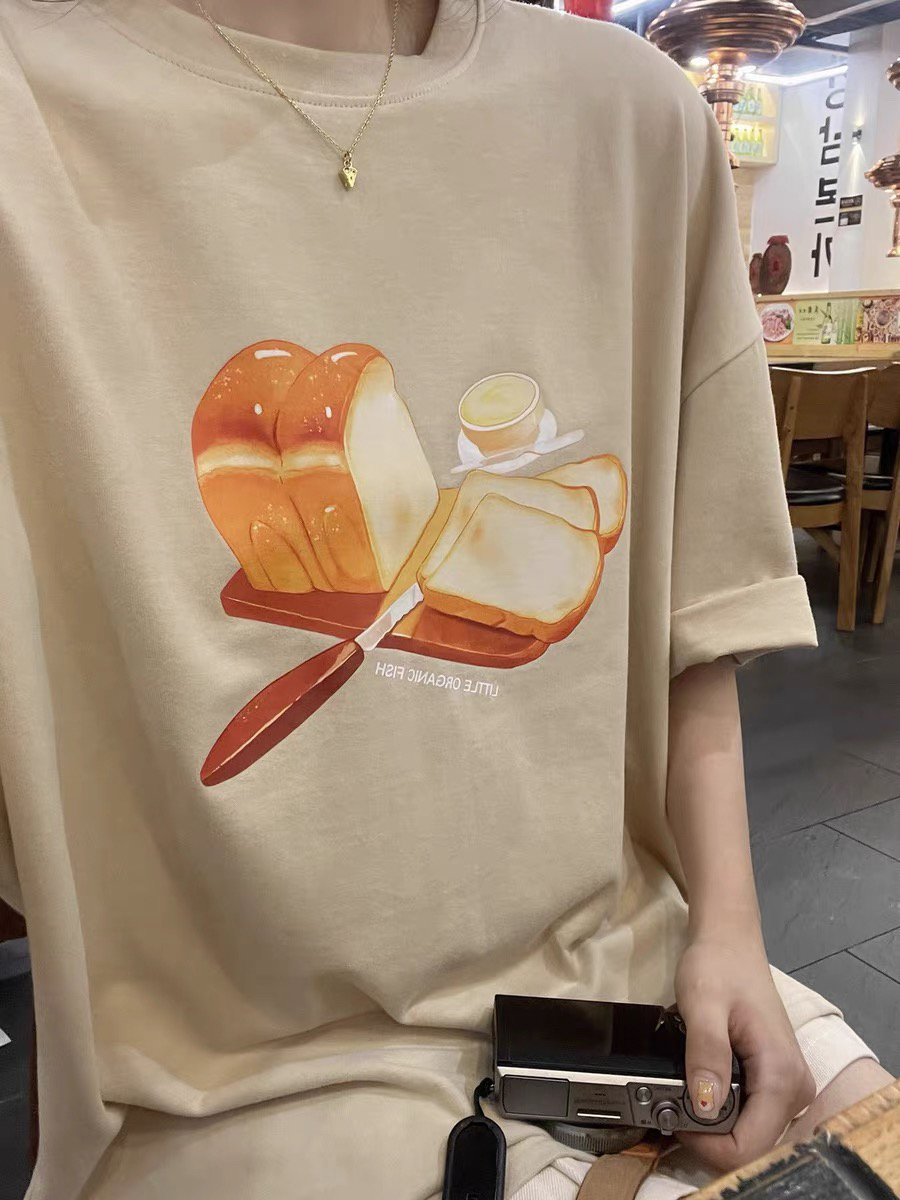 ORfish原创vintage复古手绘吐司印花奶茶色纯棉短袖圆领宽松T恤