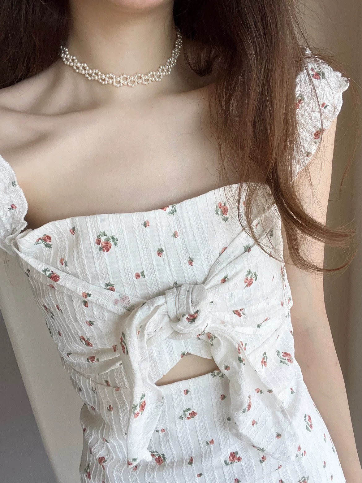 ORfish自制甜美可爱碎花吊带修身白色纯棉连衣裙短裙包臀裙