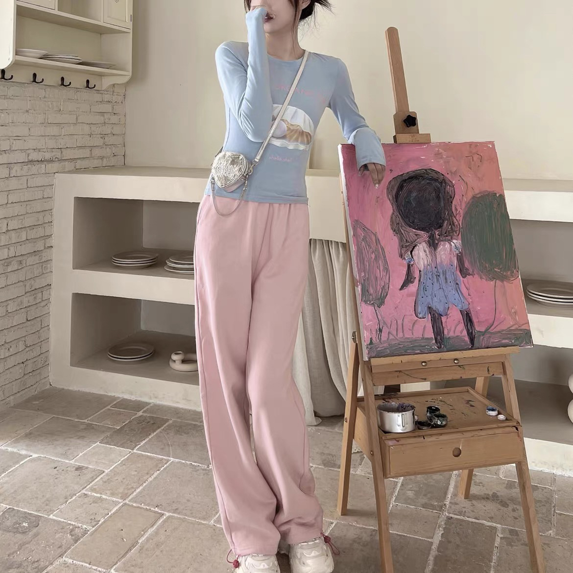 orfish原创「蜜桃乌龙」大爱心低饱和度蜜桃粉高腰两穿卫裤休闲裤