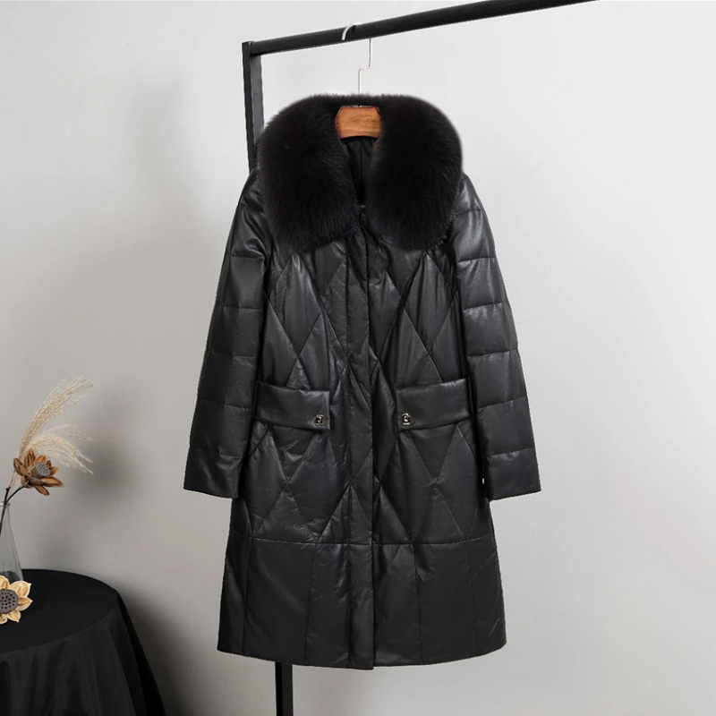 迈宝莉2310狐狸毛领真皮鹅绒服女海宁新款绵羊皮真皮冬季皮衣外套