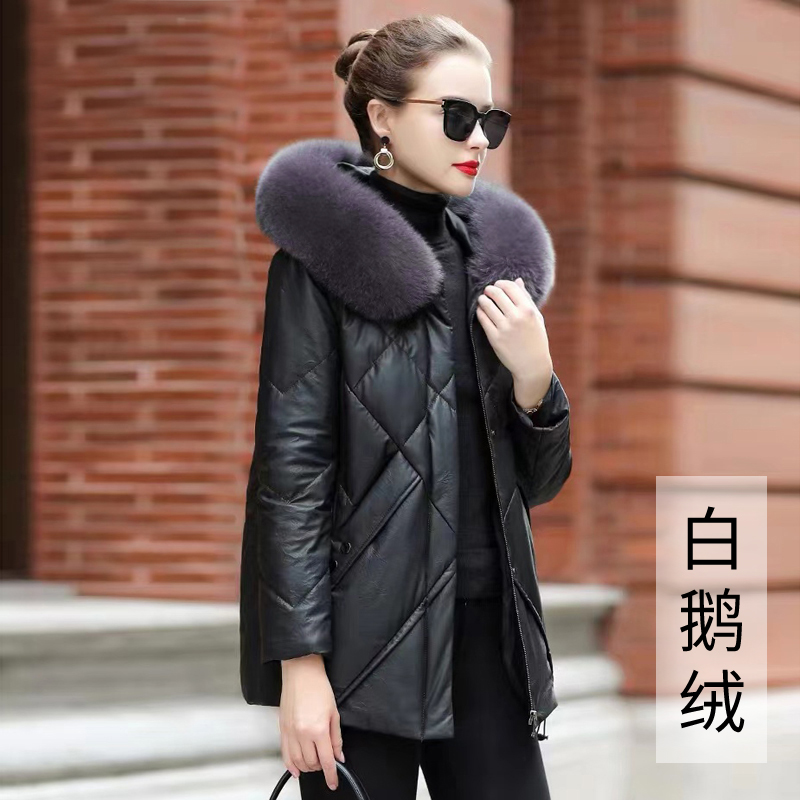 迈宝莉 狐狸毛领真皮鹅绒服女海宁时尚绵羊皮羽绒服外套66170 