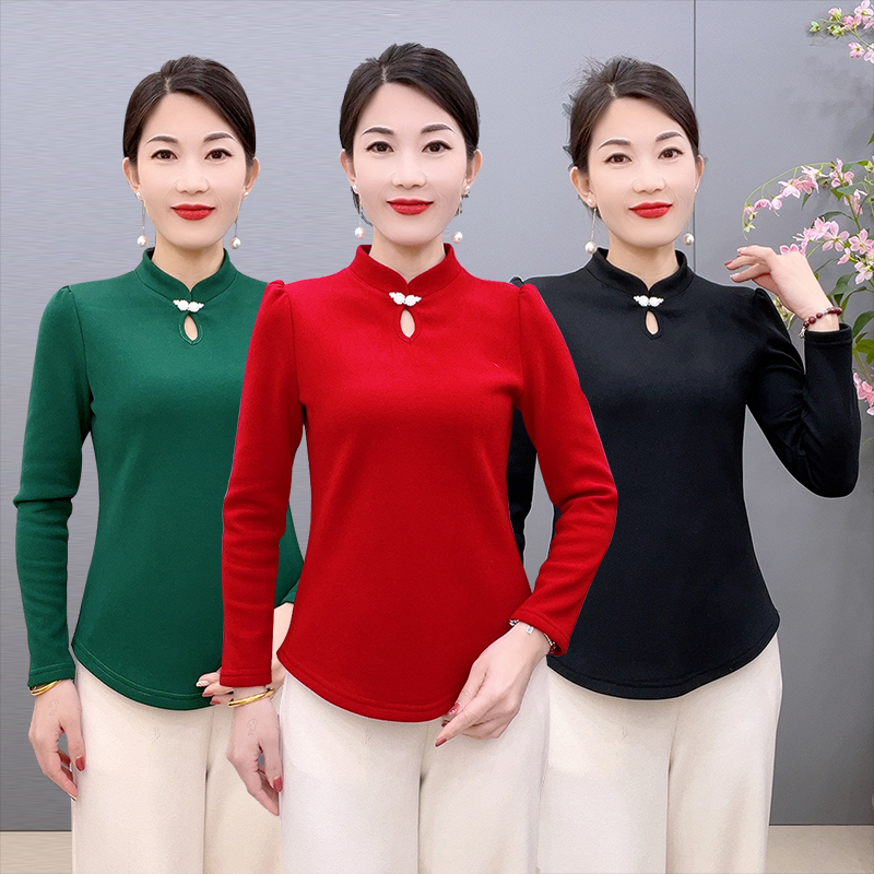 8017款秋冬加厚加绒国风打底衫冬季保暖立领小衫女士长袖修身上衣