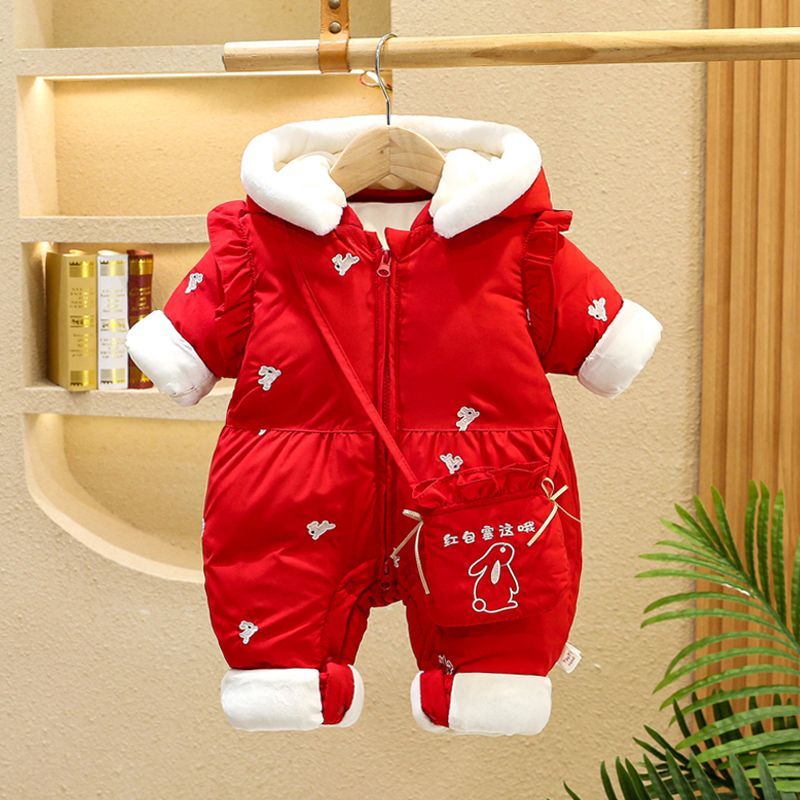 婴儿衣服冬装加绒连体衣女宝宝满月周岁新年装哈衣婴幼儿冬季爬服