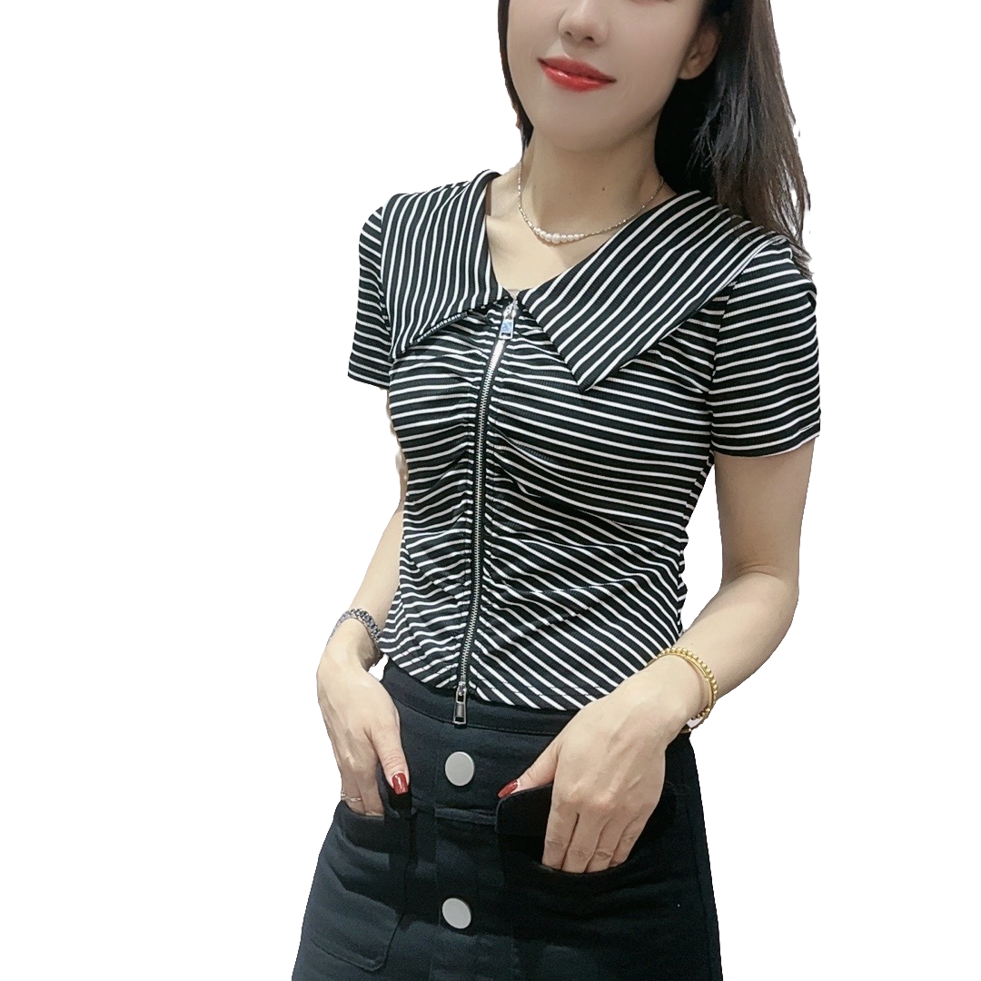 夏季新款减龄娃娃领短袖上衣女拉链时尚抽褶修身百搭纯色打底T恤/