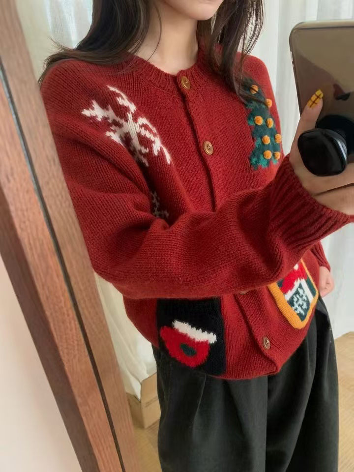 欧货高端品质圣诞6445毛衣开衫厚实保暖手工订花时尚女外套2024冬