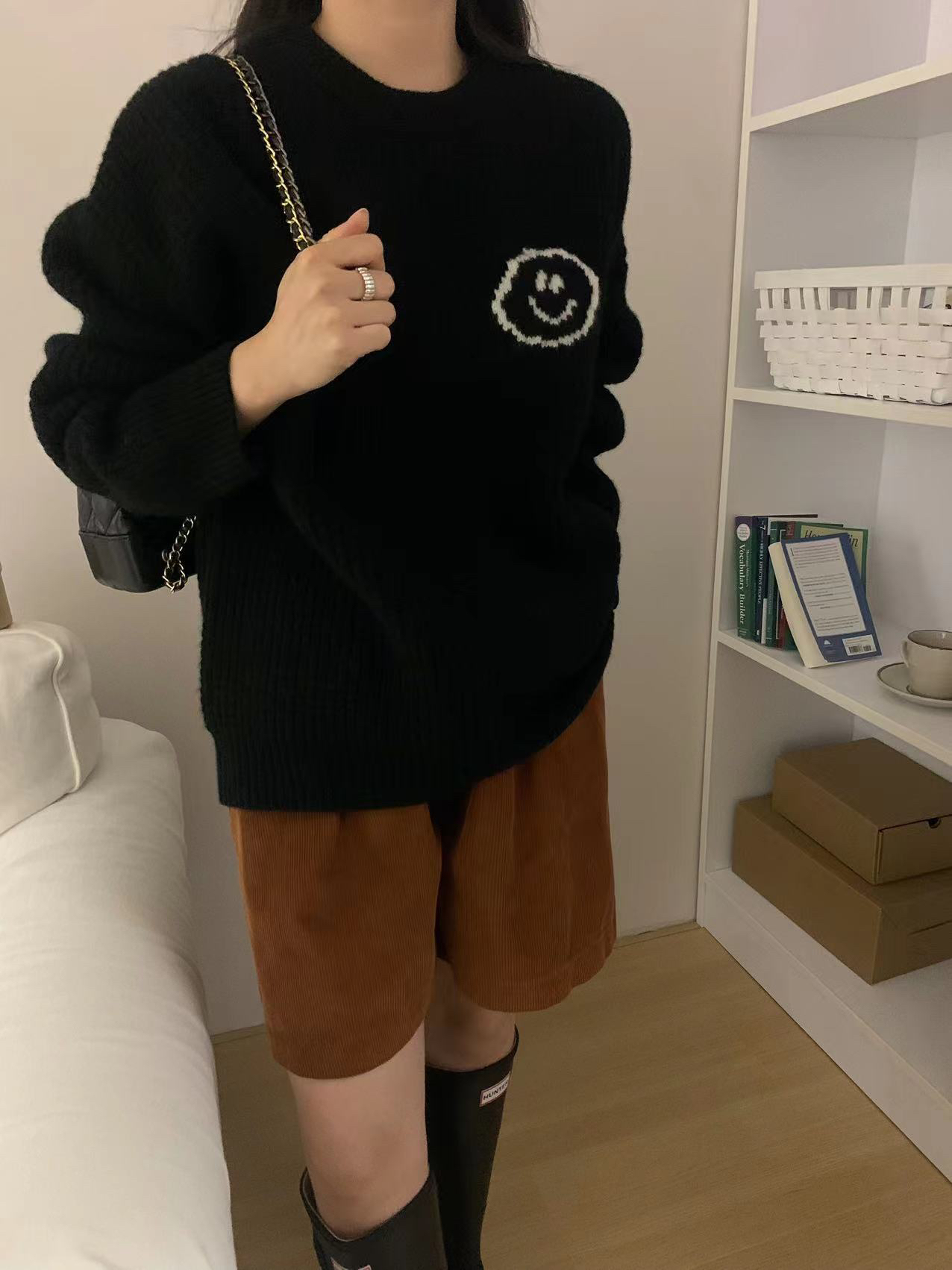 韩系笑脸刺绣懒惰风针织衫2436女宽松厚实秋冬毛衣潮