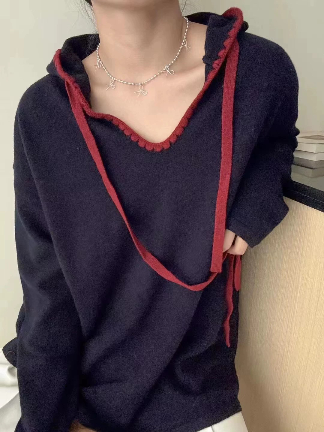 慵懒风连帽撞色条纹抽绳V领7148针织衫时尚休闲长袖套头上衣女