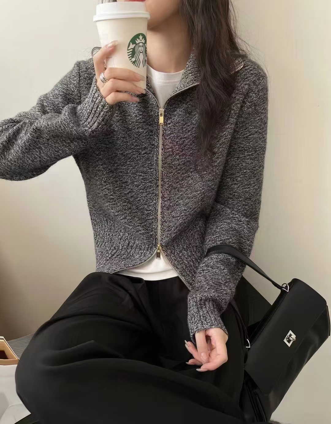 花纱双头拉链5267针织开衫女宽松毛衣翻领薄外套秋