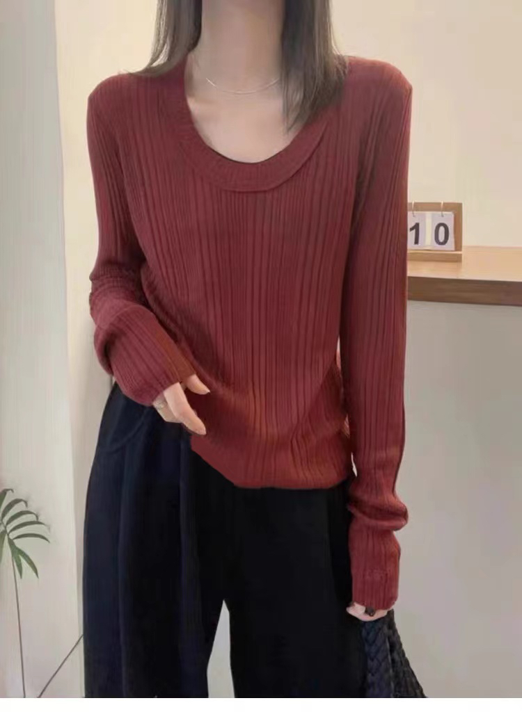 欧货修身糖果色U领水溶3478针织上衣打底衫女洋气内搭