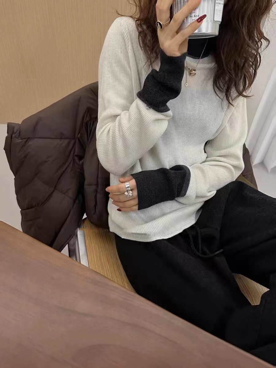 120超细水溶3123设计感袖口撞色针织衫女新款欧货休闲百搭打底衫