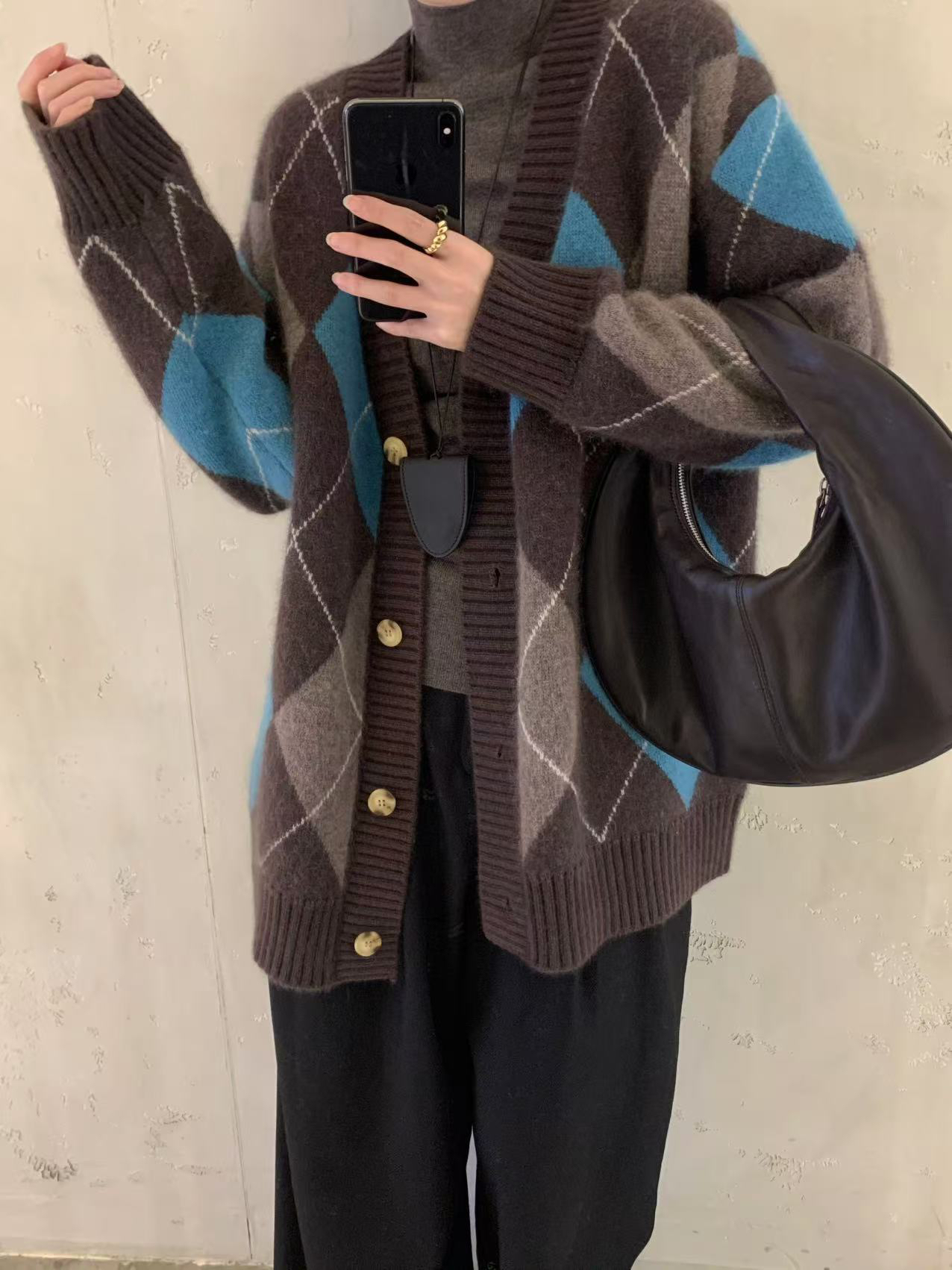 純凈高原5592拉绒重磅德國进口机织保暖菱格毛衣针织衫