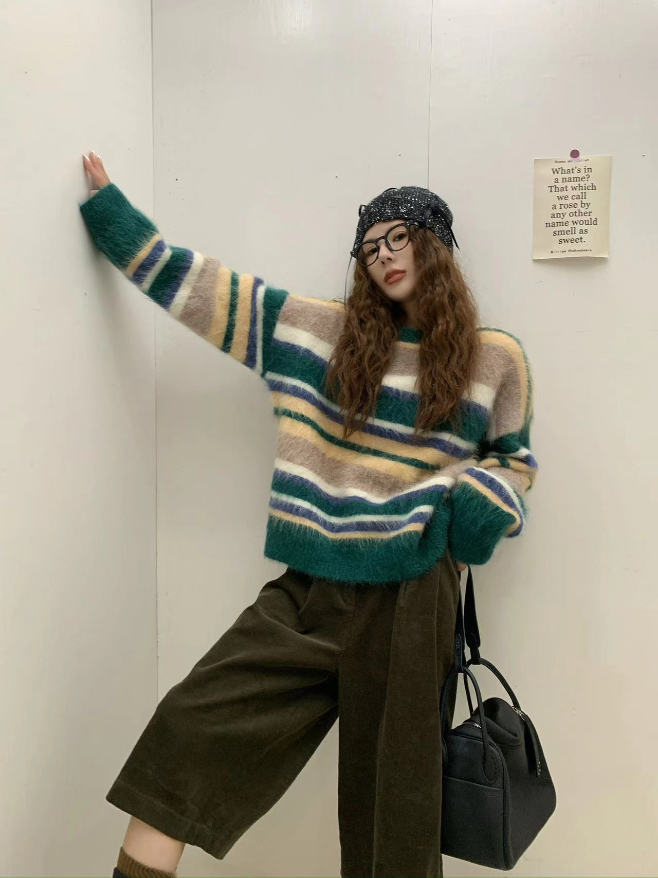拉绒毛织上衣女冬新款条纹慵懒风毛衣4767