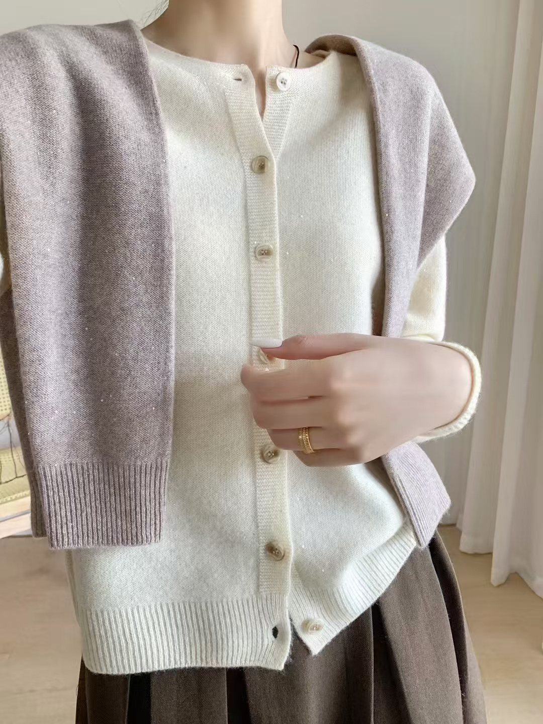 亮闪闪珠片加厚纯5911开衫女款毛衣针织衫外套2024秋冬新款金扣