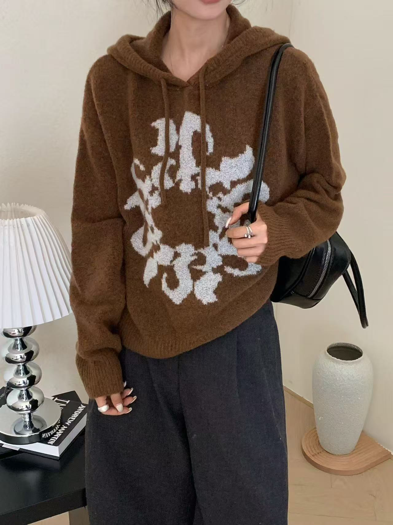 欧货洋气别致设计感慵懒韩系抽绳连帽毛衣2024秋季慵懒风小众5743