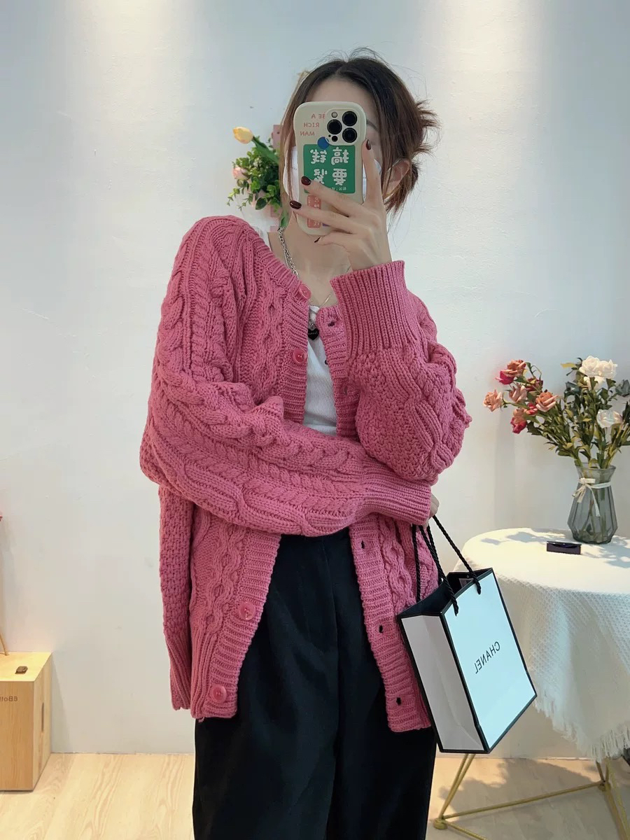 秋季2024新款女装慵懒风麻花毛衣中长款加厚6350外搭开衫针织外套