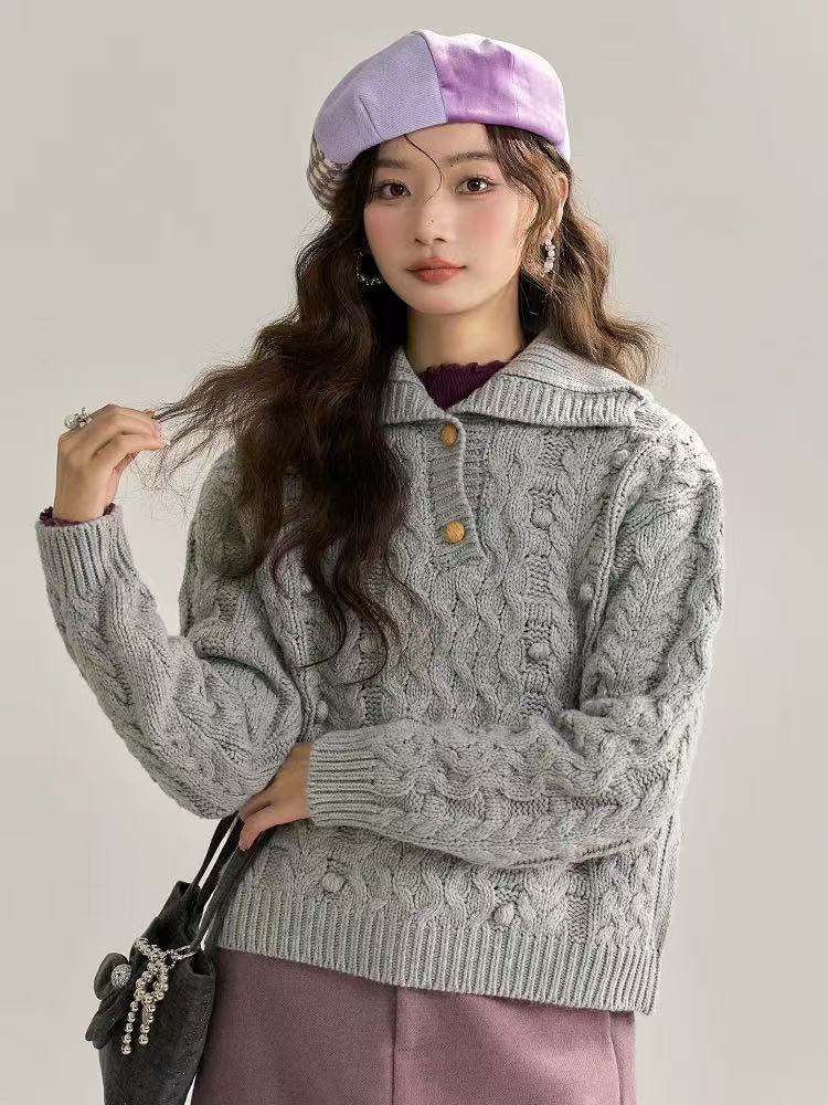 温暖织物 复古小翻领重工宽松保暖麻花绞花毛衣女秋冬7130
