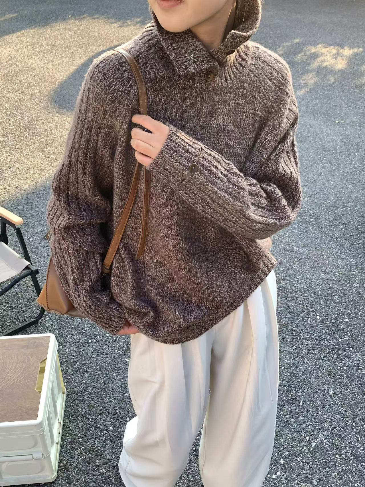 高端花纱冬季新款高领针织套头复古外套翻领毛衣5367