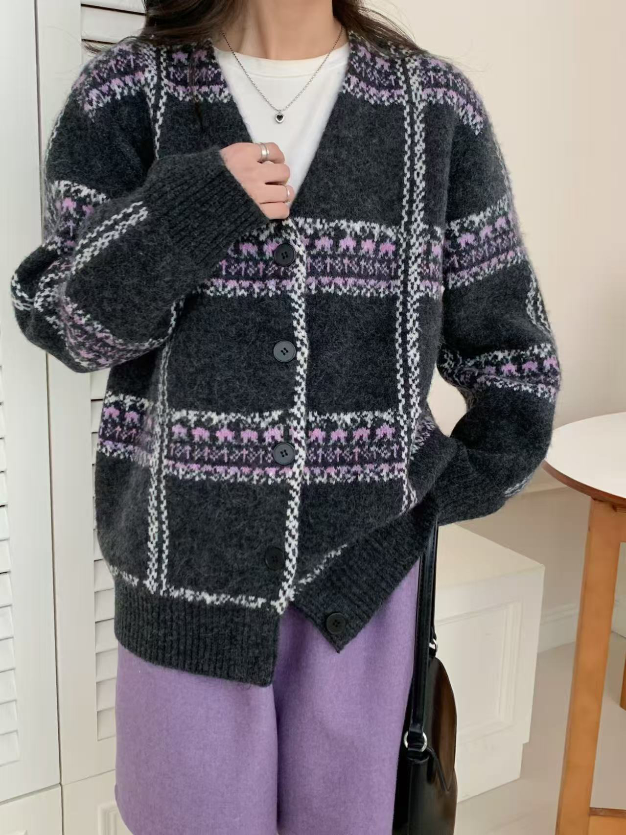 时尚高级感复古6743格子针织开衫女2024秋冬新款宽松软糯毛衣外套