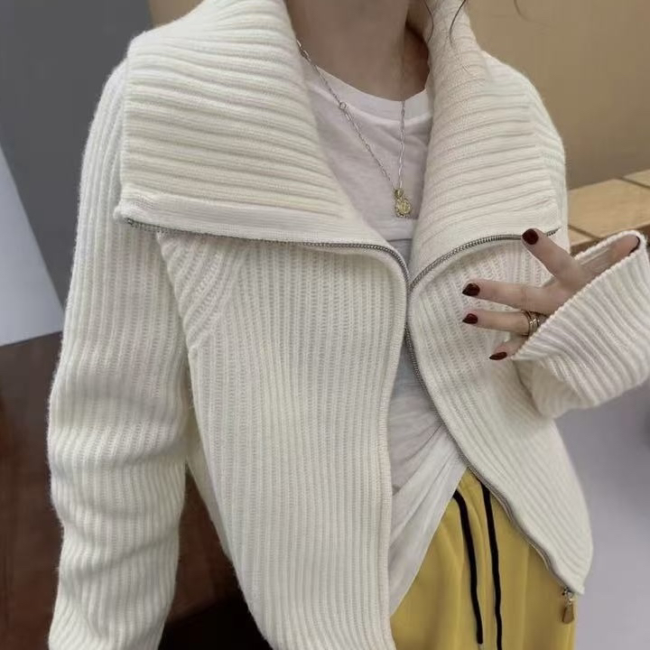 欧洲站2024冬季韩系立领单口袋拉链纯色显瘦坑条针织开衫毛衣6771