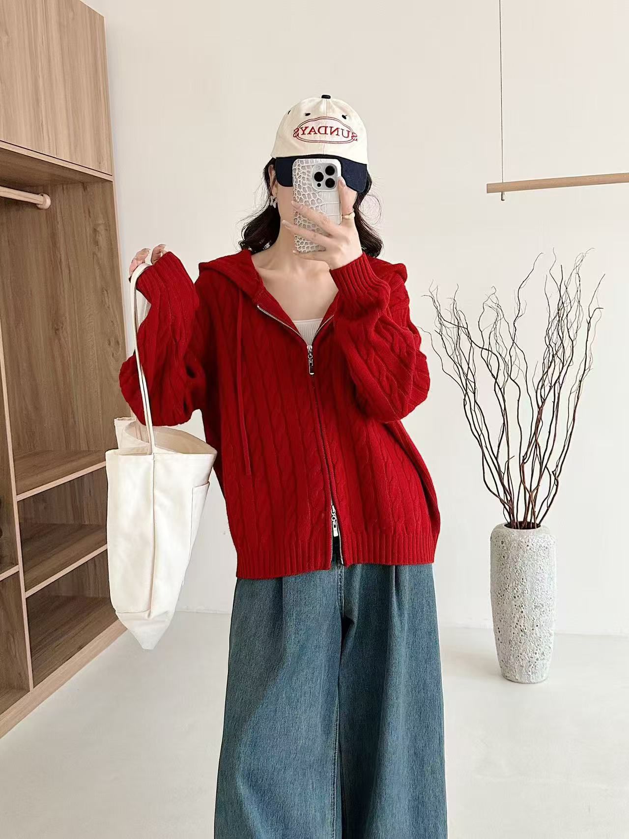 24秋冬新款纯色绞花开衫女连帽加厚针织上衣6755