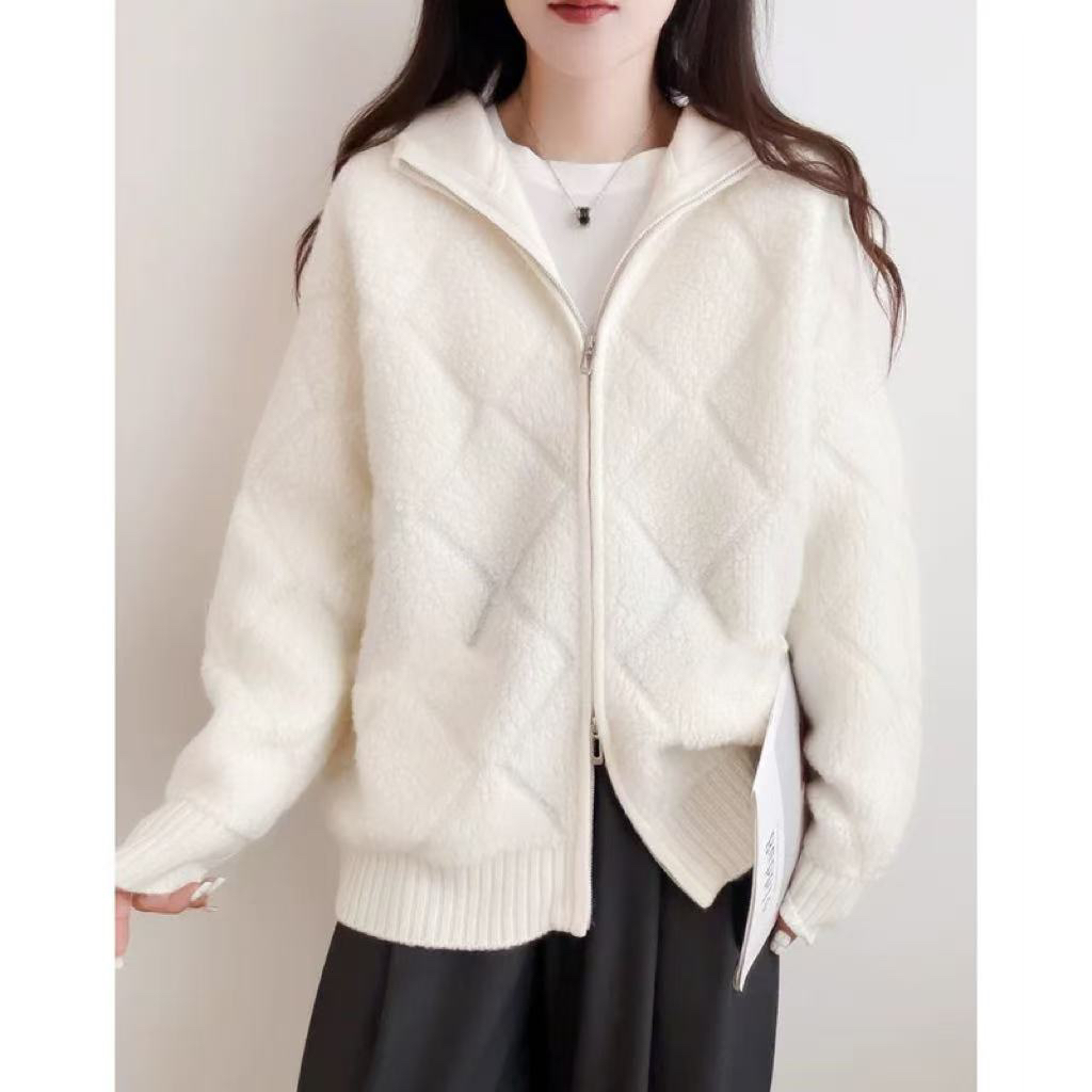 轻奢法式时尚休闲立体菱形提花6767连帽开衫女